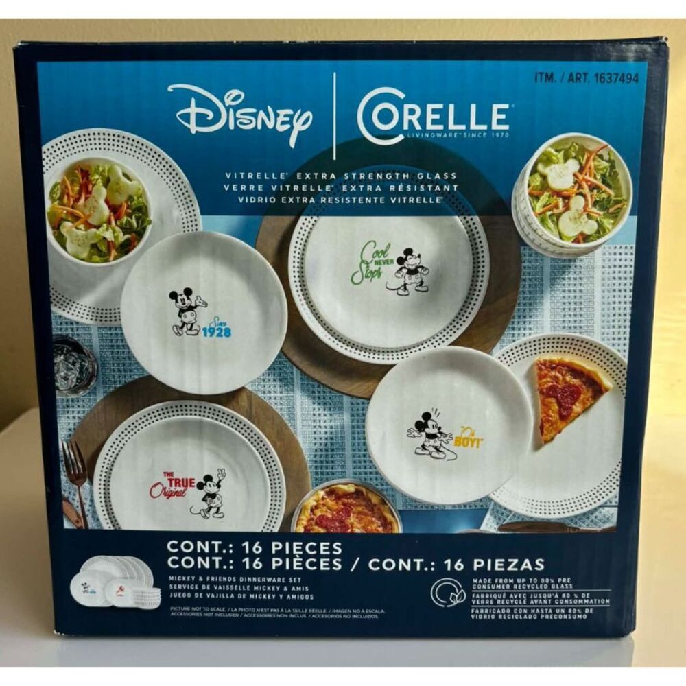 Disney Corelle Vitrelle Extra Strength Glass Mickey Friends Dinnerware Set 16 pc
